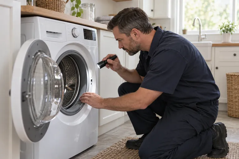 Technician inspecting the door seal of a front-loading washing machine